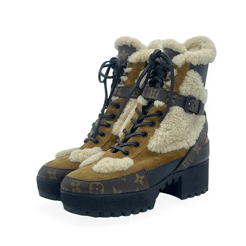 Louis Vuitton Light Brown Suede Calfskin Shearling Monogram Laureate Platform Desert Boots 39