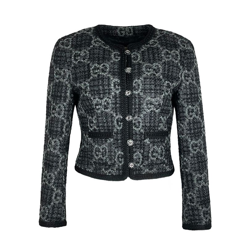 Gucci Dark Grey Wool Cotton Blend GG Pattern Tweed Jacket IT42 - 1