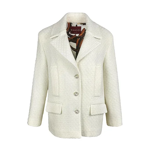 Gucci Ivory Wool Blend Tweed Damier Jacket 36