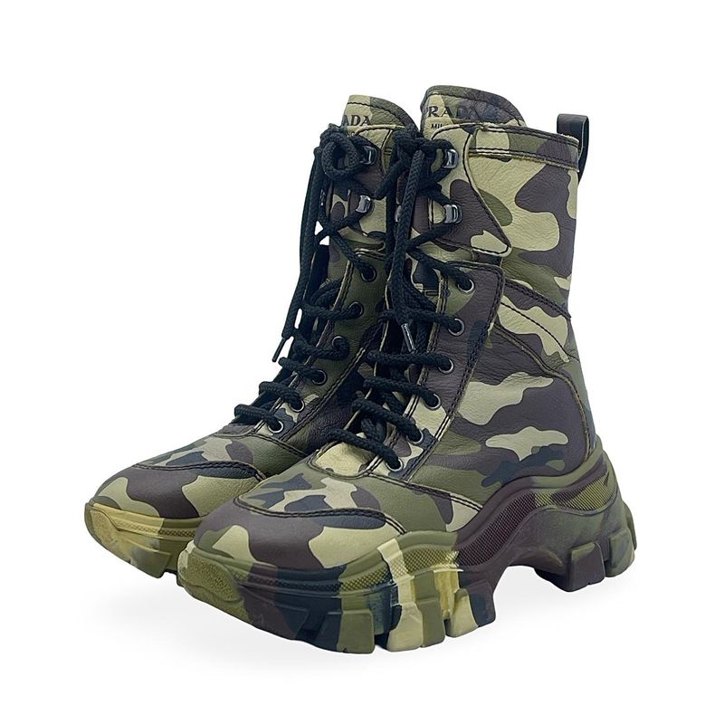 Prada Camouflage Leather Lace Up Combat Boots 39.5 - 1