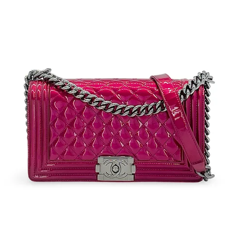 Chanel Metallic Fuchsia Patent Leather Quilted Silver Hardware Old Medium Boy Bag - 1