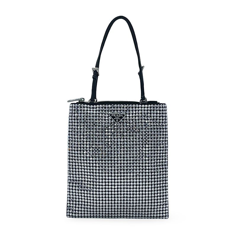 Prada Black Satin Silver Crystal Embellished Handbag - 1
