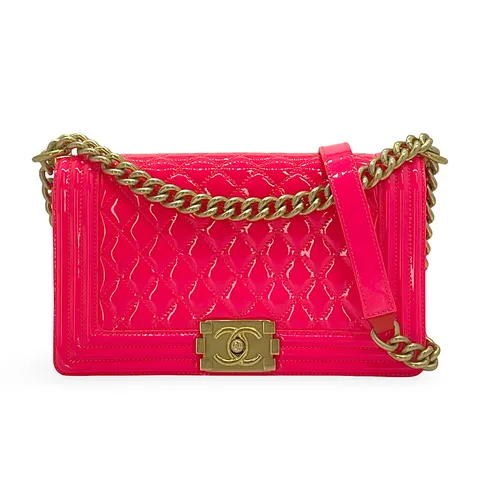 Chanel Neon Pink Patent Leather Quilted Gold Hardware Old Medium Boy Bag