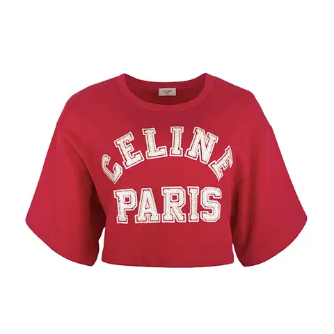 Celine Red White Cotton Sequin Logo Crewneck Cropped Tshirt S