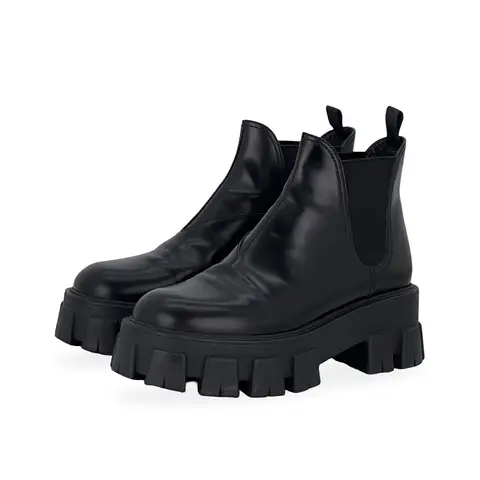 Prada Black Brushed Leather Platform Chelsea Ankle Boots 37.5