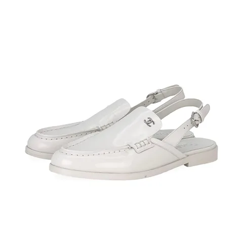 Chanel White Calfskin Silver CC Slingback Loafers 38