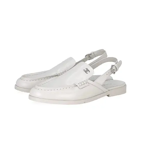 Chanel White Calfskin Silver CC Slingback Loafers 38