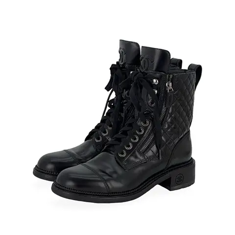 Chanel Black Calfskin Quilted Biker Lace Up Boots 38