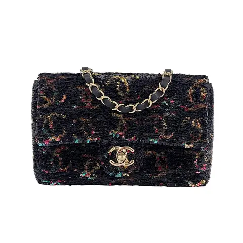 Chanel Black Sequin Multicolor CC Logo Gold Hardware Rectangular Mini Single Flap Bag