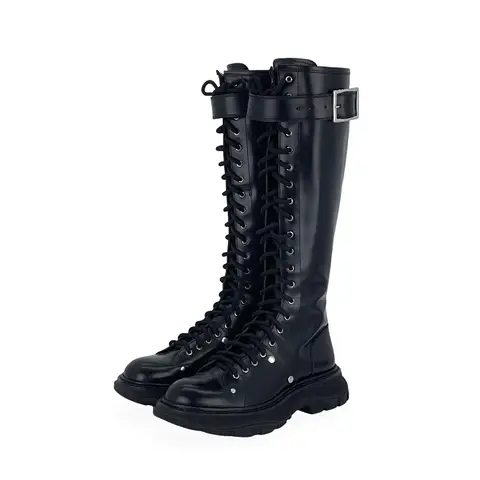Alexander McQueen Black Leather Tread Slick Lace Up Knee High Boots 38