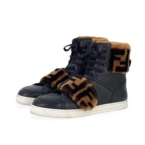 Fendi Black Leather Zucca FF Logo Fur Lace Up High Sneakers 38