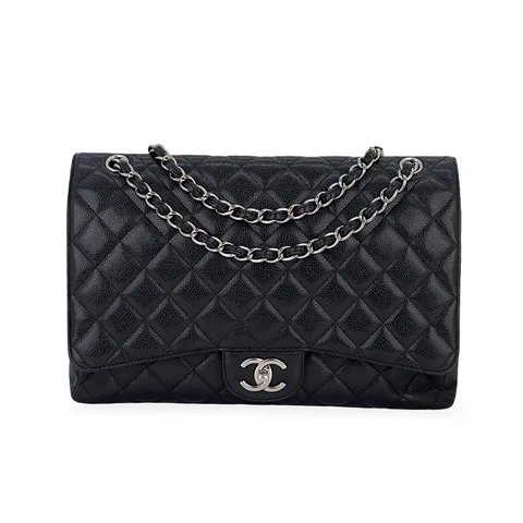 Chanel Black Quilted Caviar Leather Silver Harware Classic Maxi Jumbo Double Flap Bag