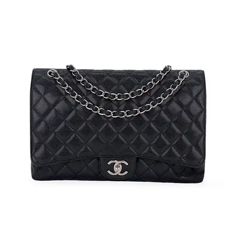 Chanel Black Quilted Caviar Leather Silver Harware Classic Maxi Jumbo Double Flap Bag