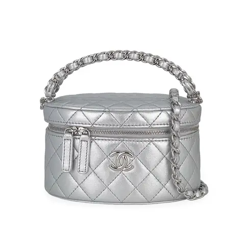 Chanel Metallic Silver Lambskin Double Top Handle Round Small Vanity Case