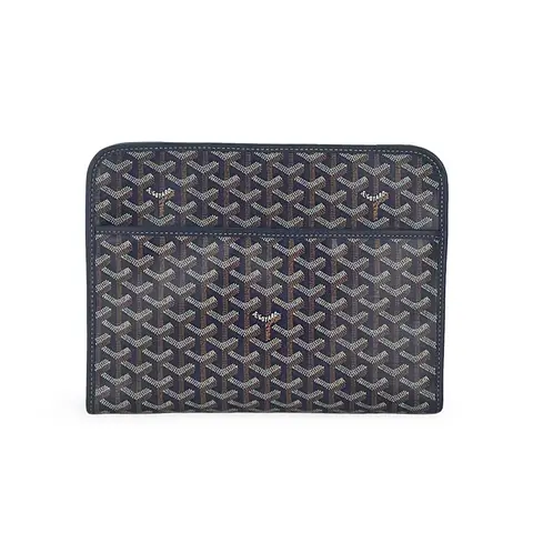 Goyard Navy Blue Goyardine Canvas Chevroches Calfskin Jouvence GM Pouch