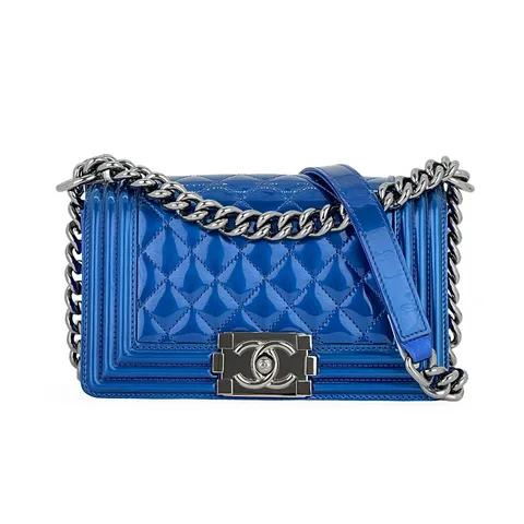 Chanel Blue Metallic Quilted Patent Calfskin Silver Hardware Small Boy Bag