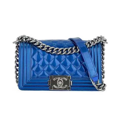 Chanel Blue Metallic Quilted Patent Calfskin Silver Hardware Small Boy Bag