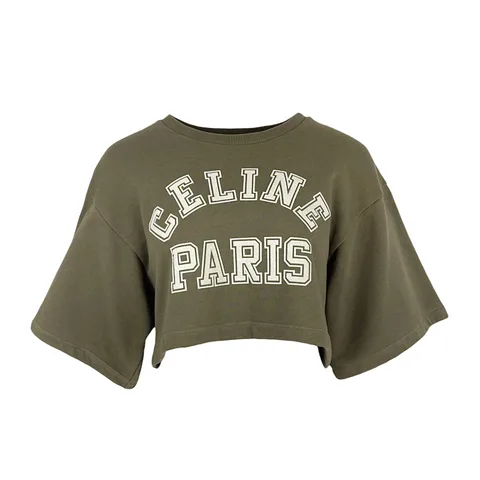 Celine Khaki Cotton Logo Crewnwck Cropped Tshirt S
