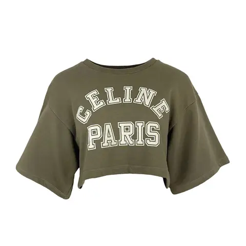Celine Khaki Cotton Logo Crewnwck Cropped Tshirt S