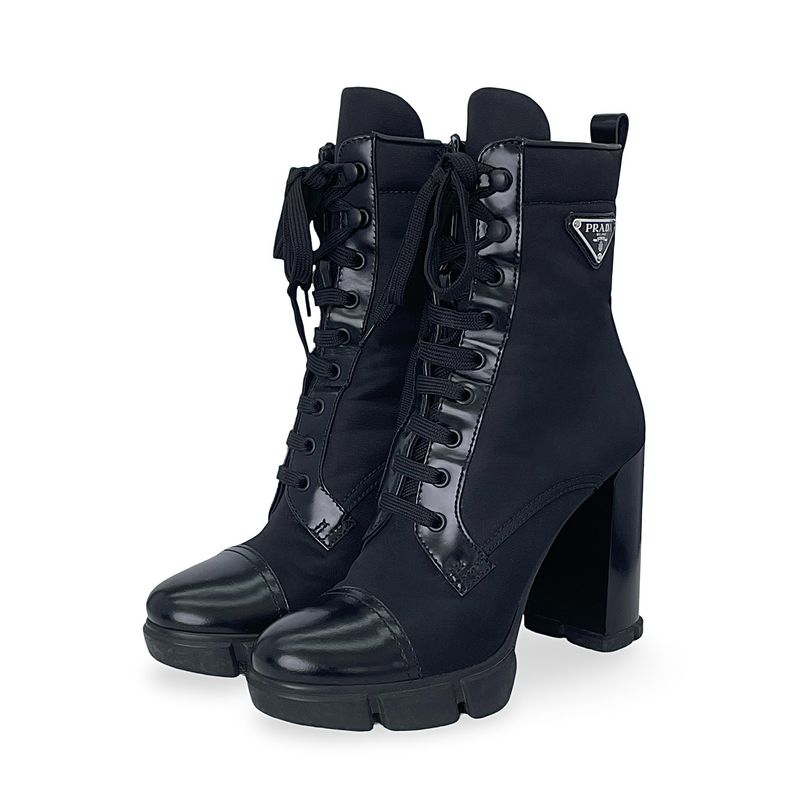 Prada Black Leather Nylon Ankle Lace Up Combat Boots 40 - 1