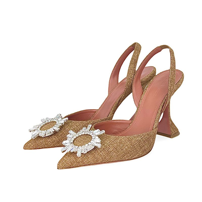 Amina Muaddi Beige Canvas Begum Embellished Slingback Pumps 38.5 - 1