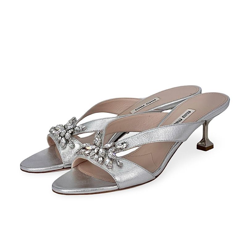 Miu Miu Silver Leather Crystal Embellished Sandals 39 - 1