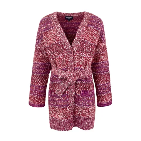Chanel Red Lilac White Cashmere Belted Cardigan 42 - 1