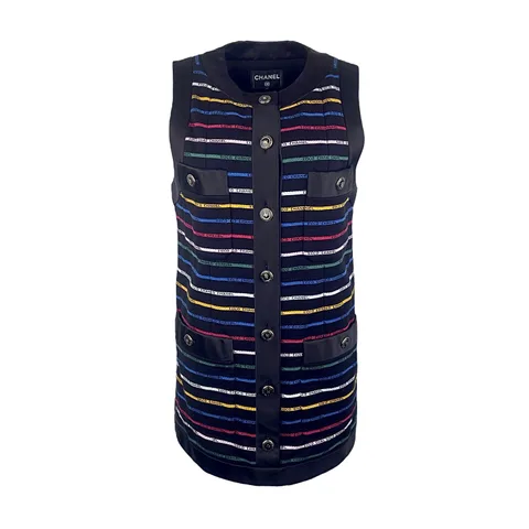 Chanel Black Multicolor Cotton Satin Coco Striped Sleeveless Mini Dress 38 - 1