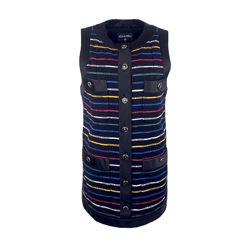 Chanel Black Multicolor Cotton Satin Coco Striped Sleeveless Mini Dress 38 - 1