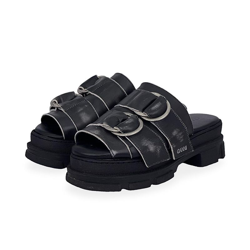 Ganni Black Leather Platform Buckle Slides 38 - 1