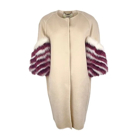 Fendi Beige Cashmere Burgundy White Fox Fur Coat IT40 - 1