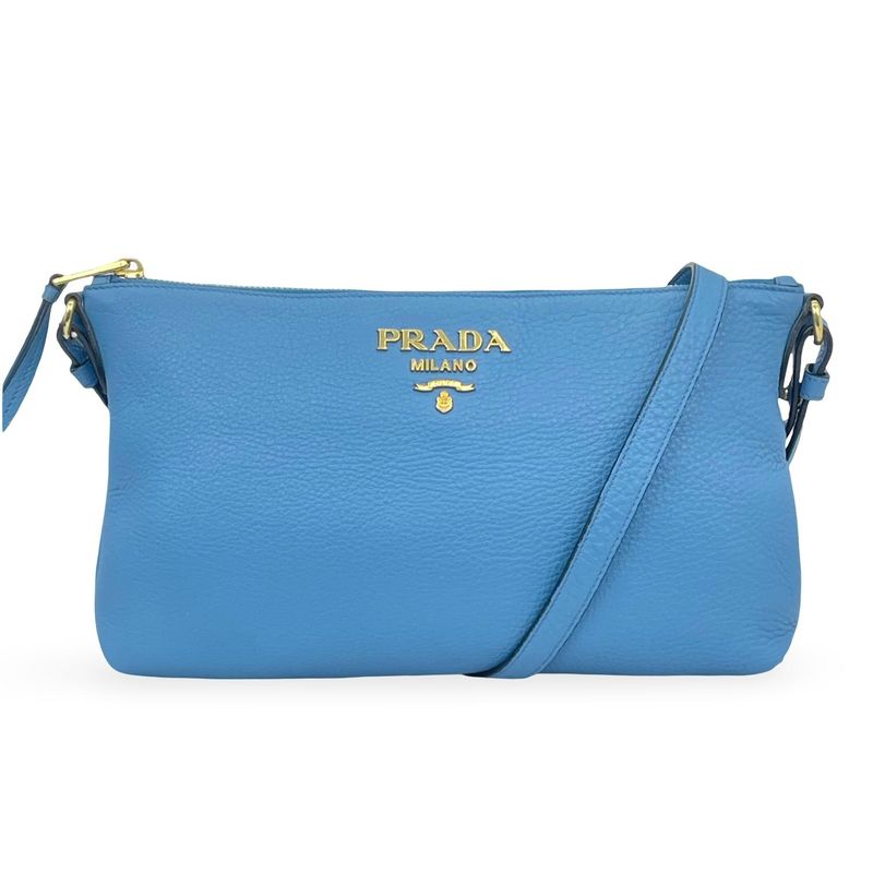 Prada Blue Vitello Daino Leather Gold Logo Crossbody Bag - 1
