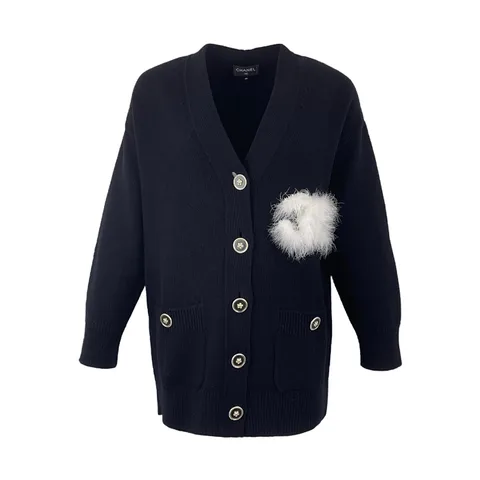 Chanel Black White Feather Logo Cashmere 2023 Cardigan 38 - 1