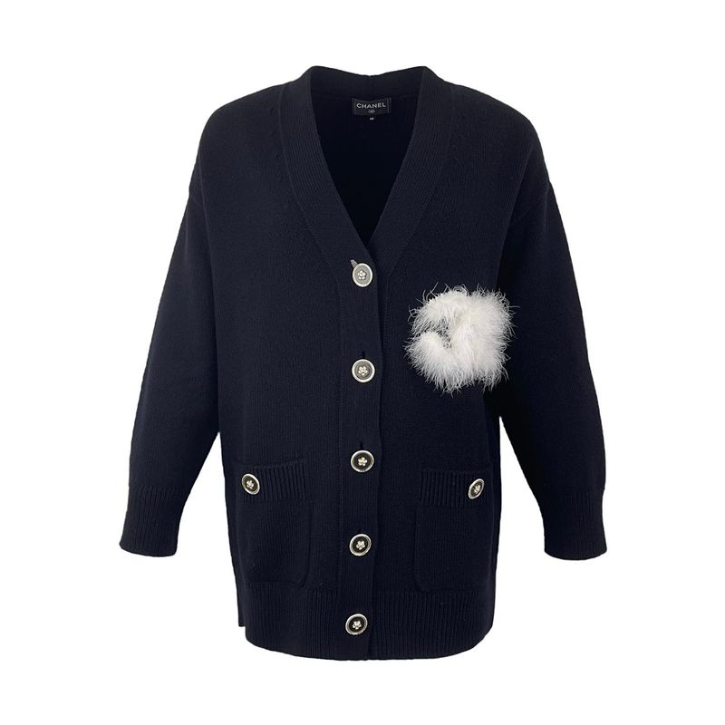 Chanel Black White Feather Logo Cashmere 2023 Cardigan 38 - 1
