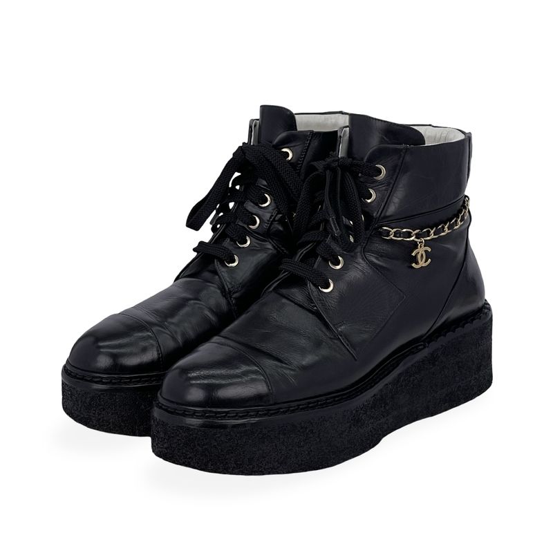 Chanel Black Leather Coco Mark Chain Platform Combat Boots 38 - 1