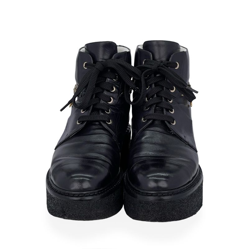 Chanel Black Leather Coco Mark Chain Platform Combat Boots 38 - 2