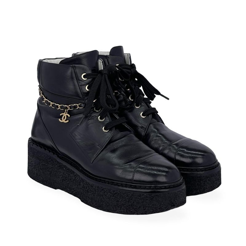 Chanel Black Leather Coco Mark Chain Platform Combat Boots 38 - 3