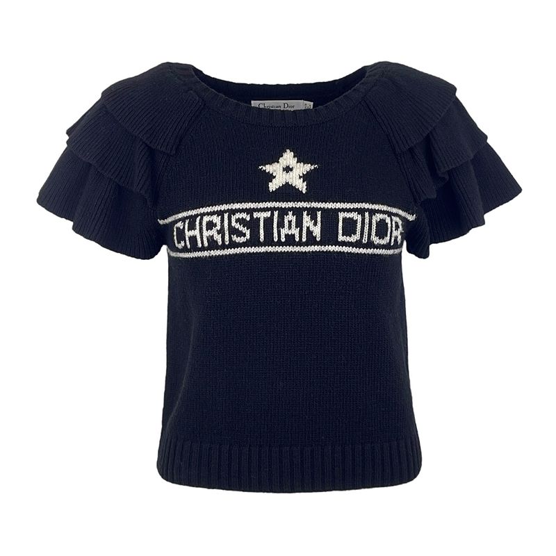 Christian Dior Black White Logo Csshmere Ruffles Sweater FR38 - 1