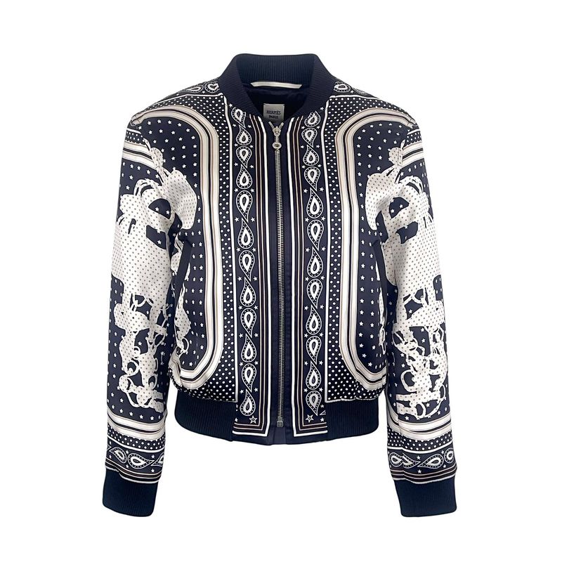 Hermes Black White Brides De Gala Bandana Printed Silk Bomber Jacket 36 - 1