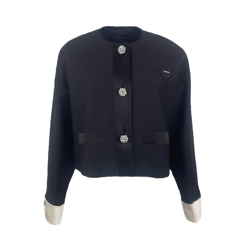 Prada Black Wool Mohair Triangle Logo Crystal Button Blazer Jacket IT40 - 1