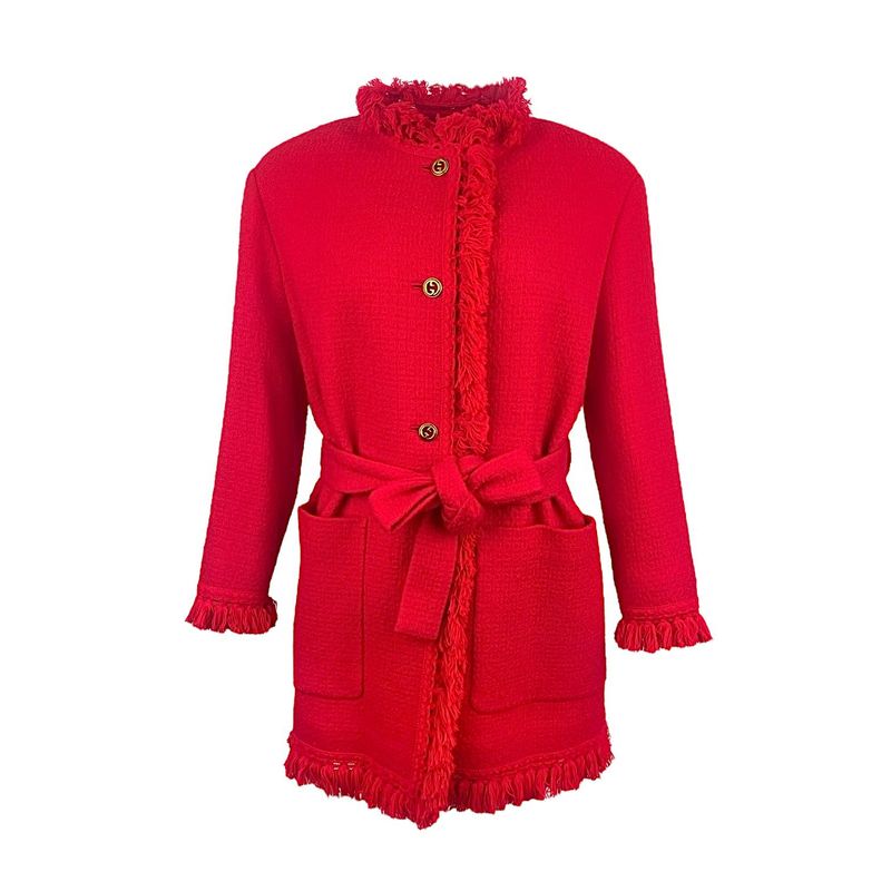 Gucci Red Wool Tassel GG Button Belted Coat IT40 - 1
