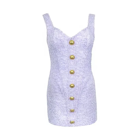 Balmain Lilac Gold Logo Button Tweed Dress 38 - 1