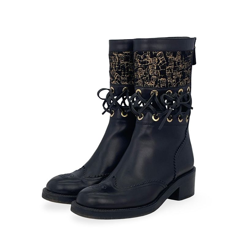 Chanel Black Gold Leather Tweed Interlocking CC Logo Lace Up Mid Calf Boots 36.5 - 1