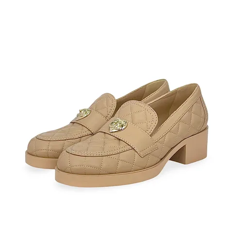 Chanel Beige Lambskin Gold Heart CC Logo Loafers 37.5 - 1