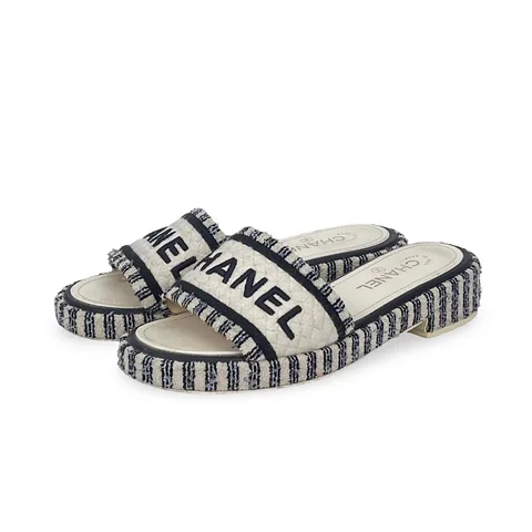 Chanel Ivory Black Tweed Logo Mules 39C - 1