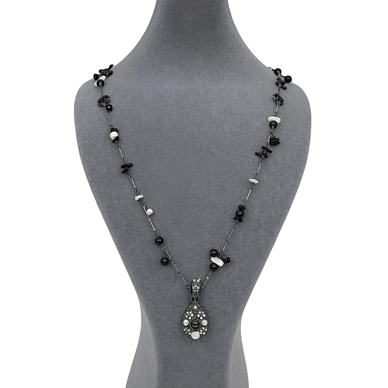 Chanel Black White Pearl Beaded CC Necklace - 1