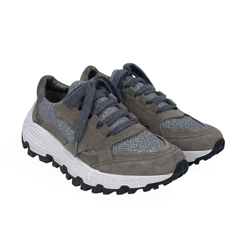 Brunello Cucinelli Grey Mink Lurex Canvas Suede Sneakers 37 - 3