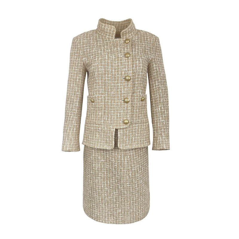 Chanel Beige White Tweed Cotton Linen Gold CC Button Blazer 2015 Jacket 36 Skirt 38 - 1