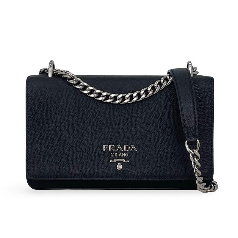 Prada Black Saffiano Leather Nylon Silver Logo Chain Shoulder Bag - 1