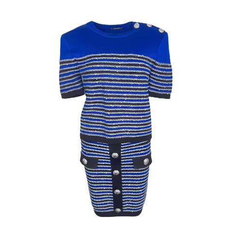 Balmain Blue Black Silver Striped Knit Top 40 Skirt 36 - 1